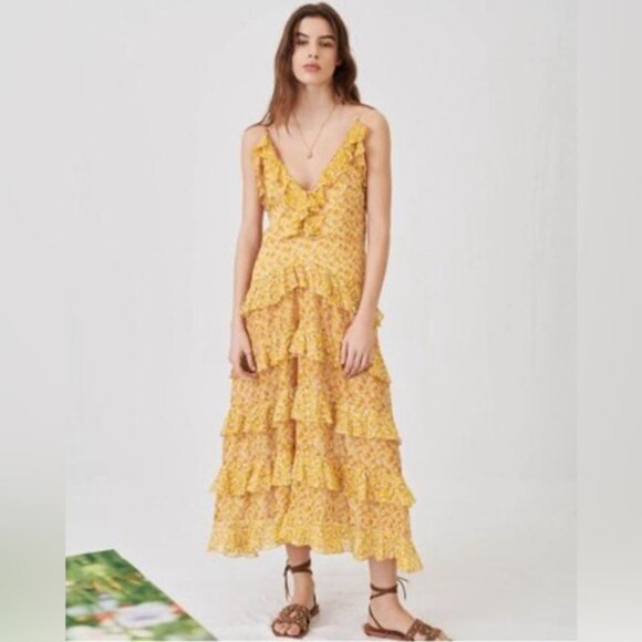 ❌❌SOLD❌❌450 MAJE Printed Cotton Voile Dress With Ruffles Orange | Womens Dresses - Picture 9 of 11